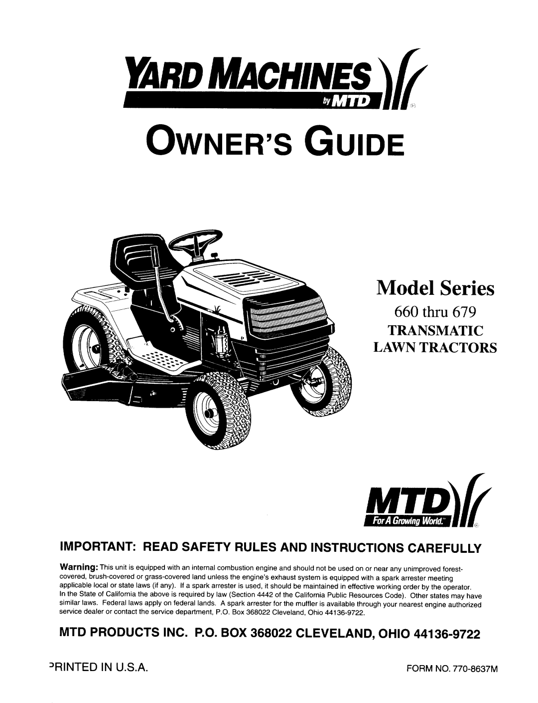 Yard Machines 660 Thru 679 manual 