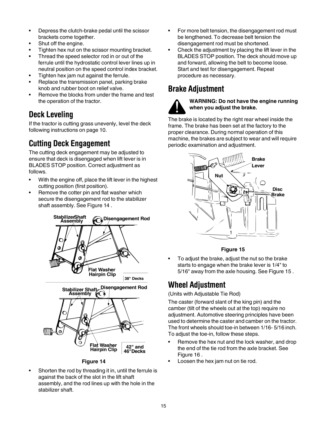 Yard Machines 690 Thru 699 manual Deck Leveling, Cutting Deck Engagement, Brake Adjustment, Wheel Adjustment 