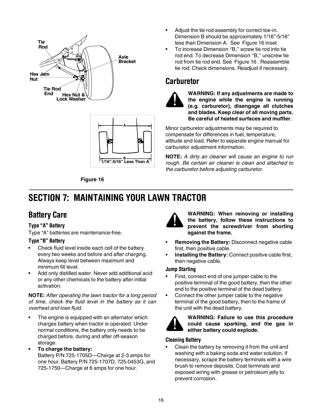 Yard Machines 690 Thru 699 manual Maintaining Your Lawn Tractor, Carburetor, Battery Care, Jump Starting, Cleaning Battery 