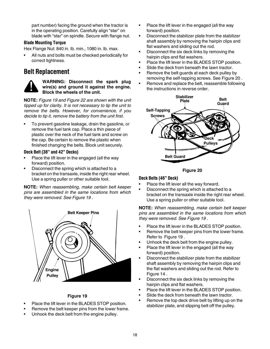 Yard Machines 690 Thru 699 manual Belt Replacement, Blade Mounting Torque, Deck Belt 38 and 42 Decks, Deck Belts 46 Deck 