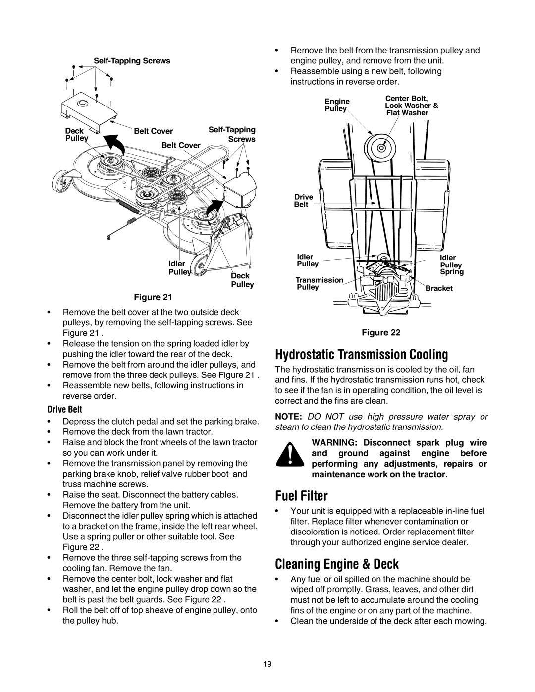 Yard Machines 690 Thru 699 manual Hydrostatic Transmission Cooling, Fuel Filter, Cleaning Engine & Deck, Drive Belt 