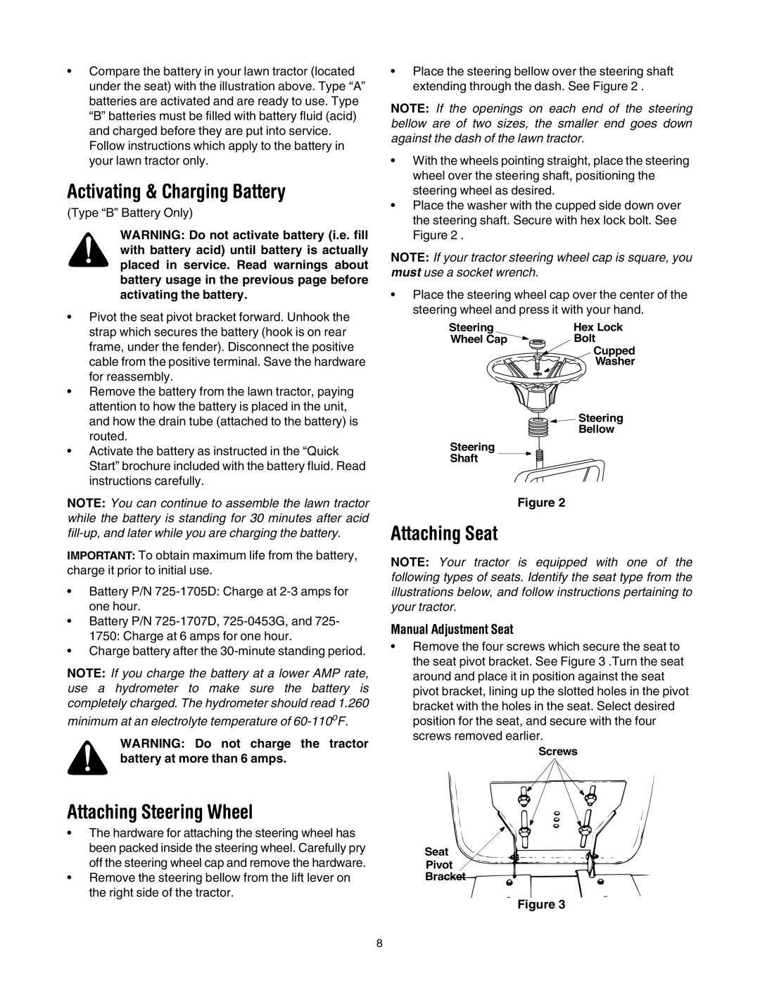 Yard Machines 690 Thru 699 Activating & Charging Battery, Attaching Steering Wheel, Attaching Seat, Manual Adjustment Seat 