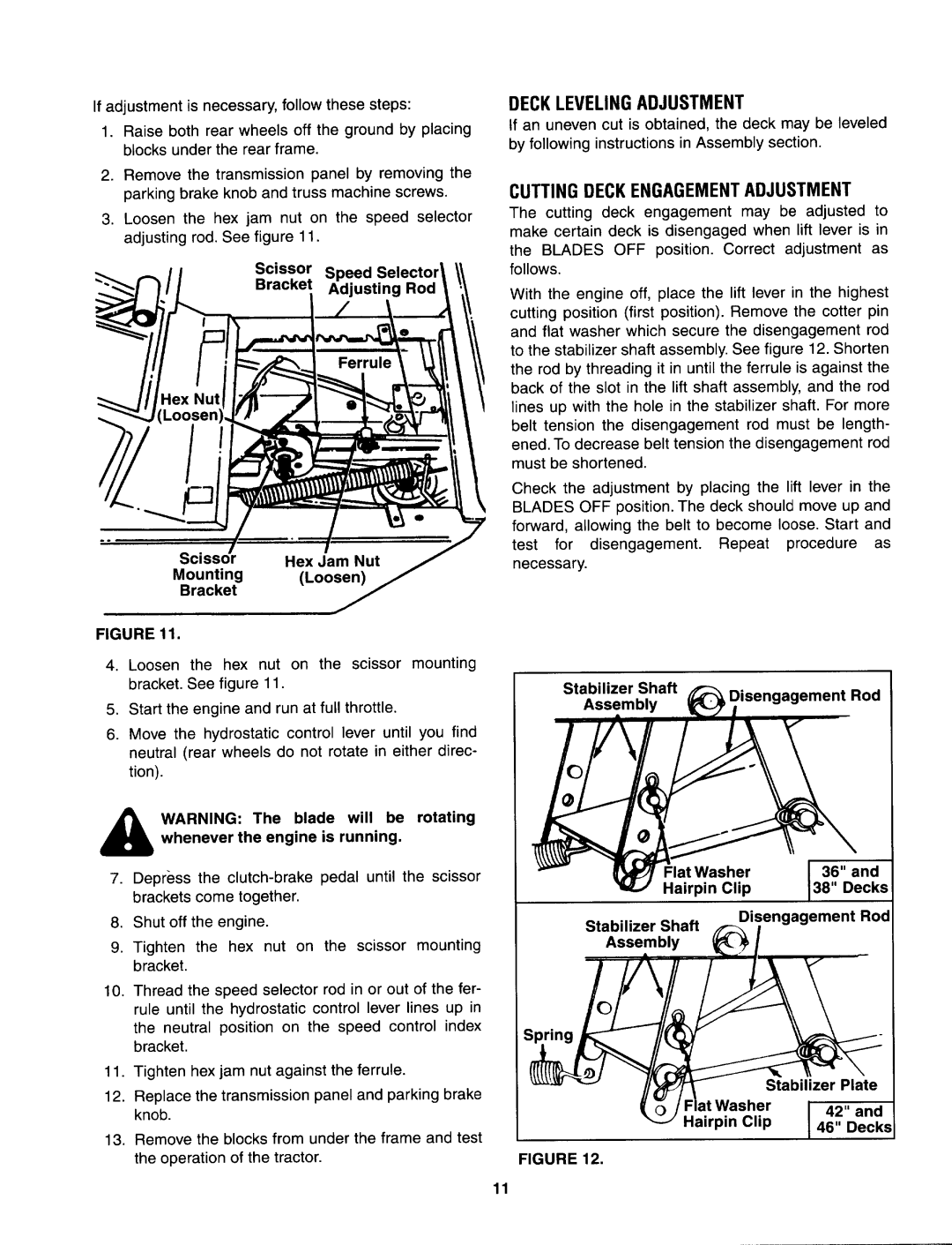 Yard Machines 690, 699 manual Decklevelingadjustment, Cutting Deck Engagementadjustment, FlatWasher Hairpin Clip 