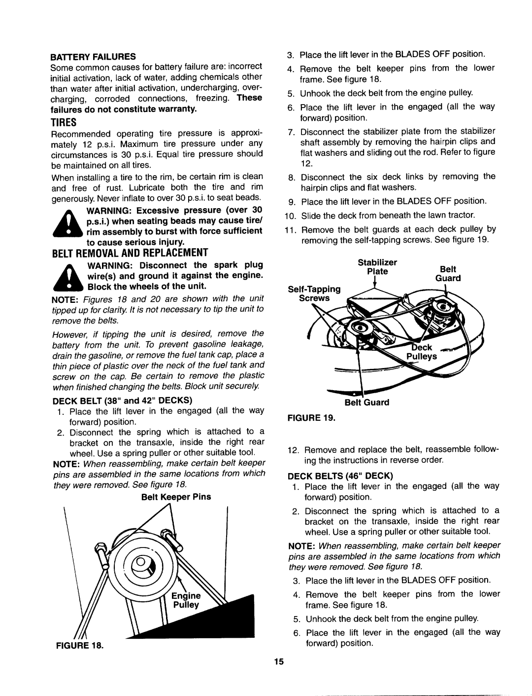 Yard Machines 690, 699 manual Beltremovalandreplacement, Tires, Battery Failures, Deck Belts 46 Deck 