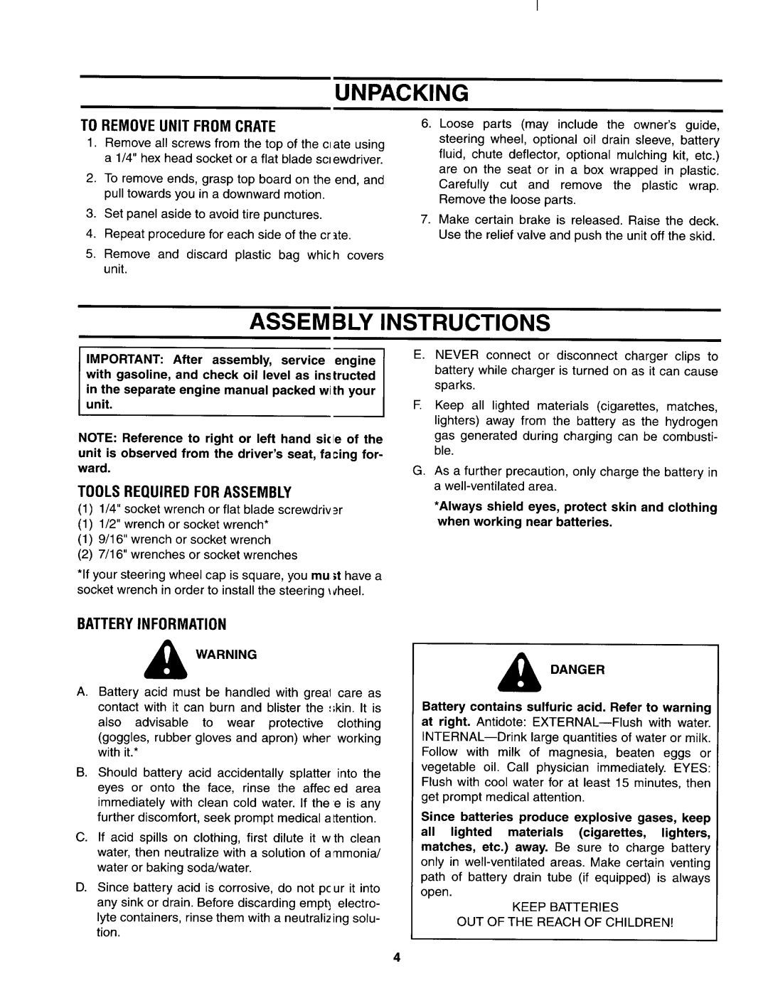 Yard Machines 699, 690 manual Unpacking, Assembly Instructions, To Remove Unit from Crate, Tools Required for Assembly 