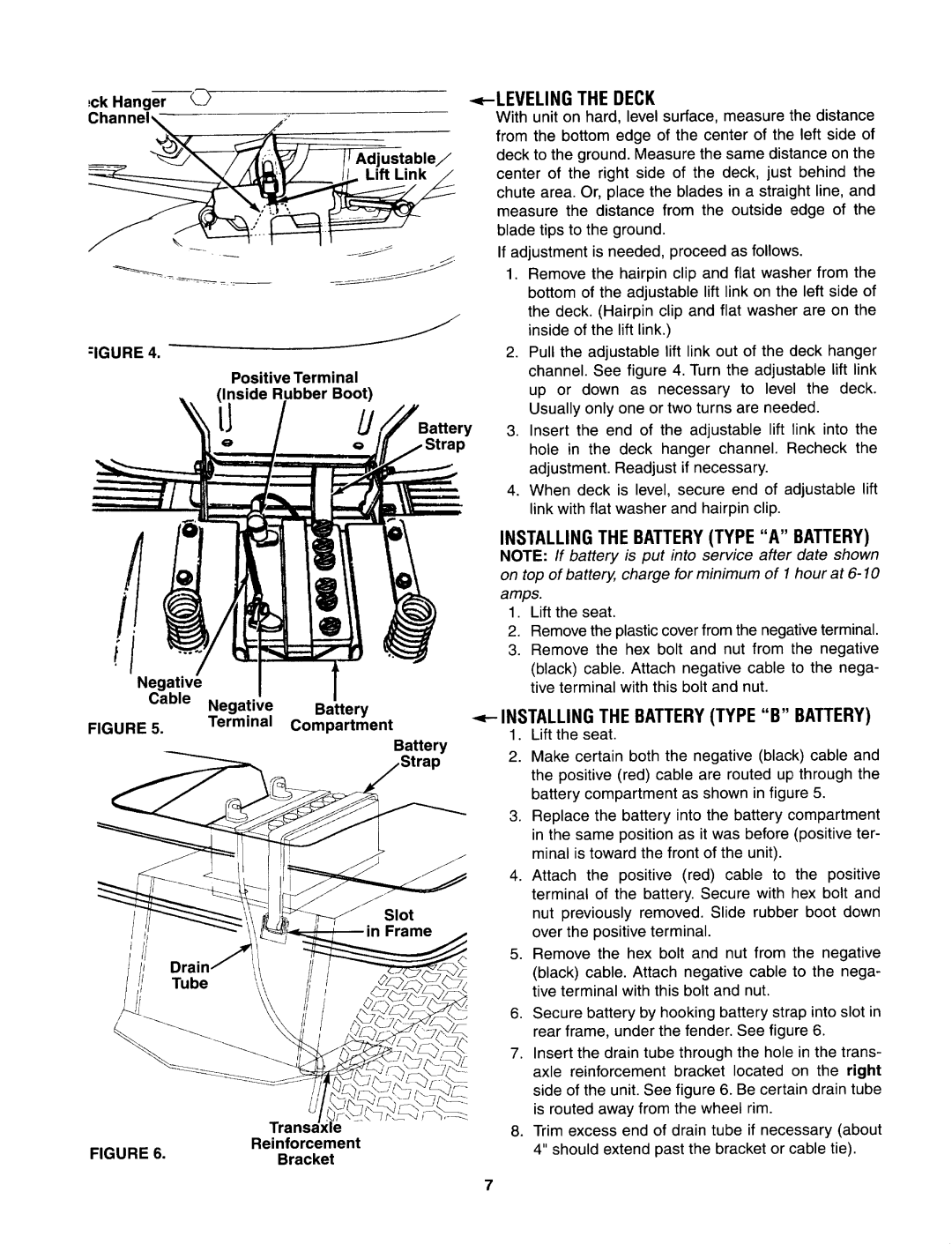 Yard Machines 690 Leveling the Deck, Installing the Batterytype a Battery, Installing the Batterytype B Battery, Igure 