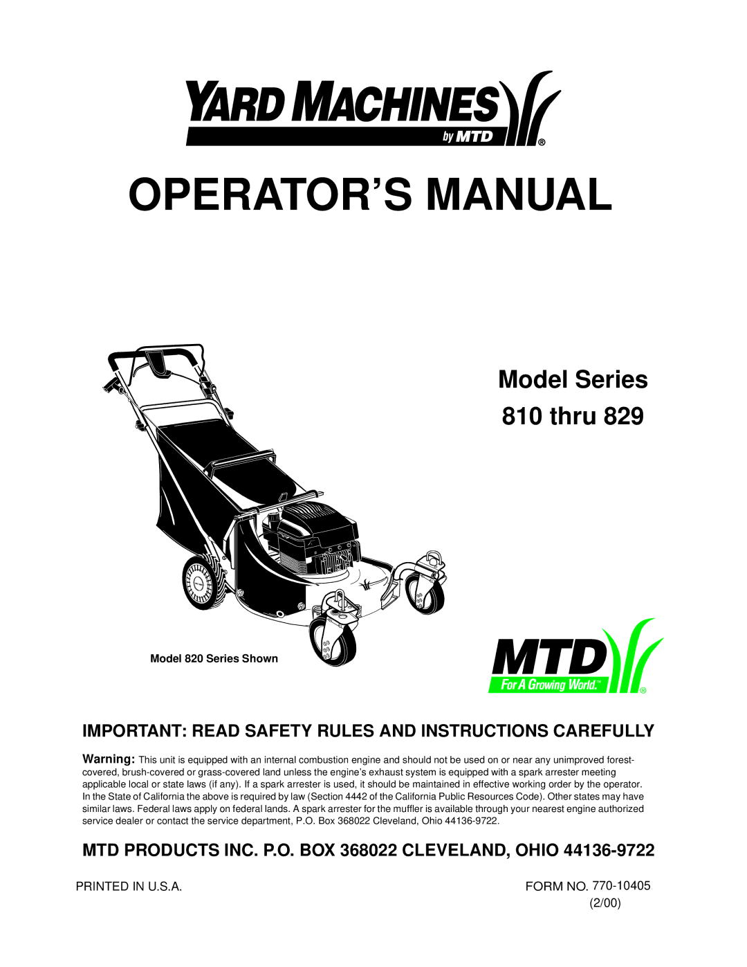 Yard Machines 810, 829 manual OPERATOR’S Manual 