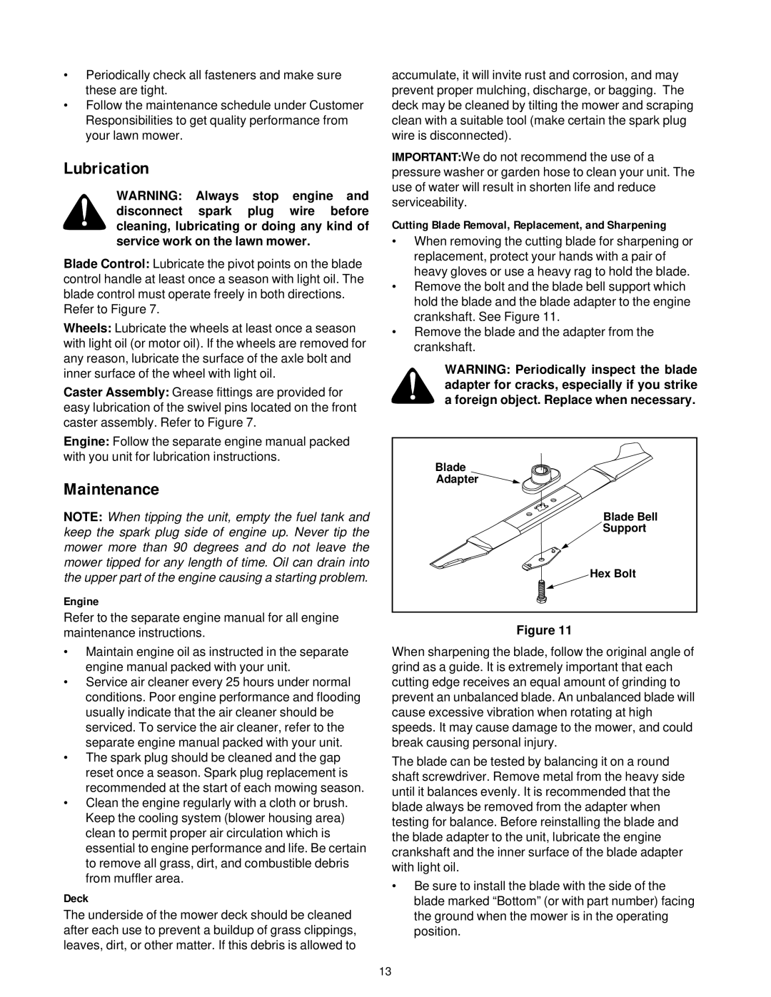 Yard Machines 810, 829 manual Lubrication, Maintenance 