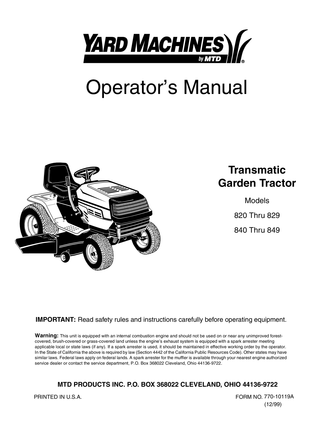 Yard Machines 820 Thru 829, 840 Thru 849 manual Operator’s Manual 