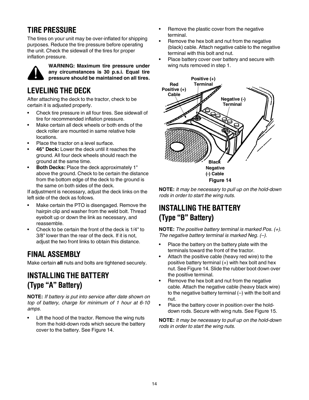 Yard Machines 840 Thru 849, 820 Thru 829 manual Tire Pressure, Leveling the Deck, Final Assembly 