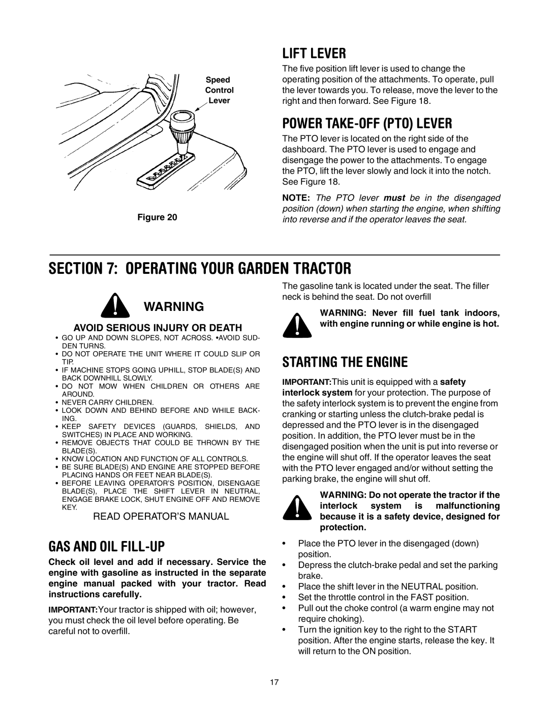 Yard Machines 820 Thru 829 manual Operating Your Garden Tractor, Lift Lever, Power TAKE-OFF PTO Lever, Starting the Engine 