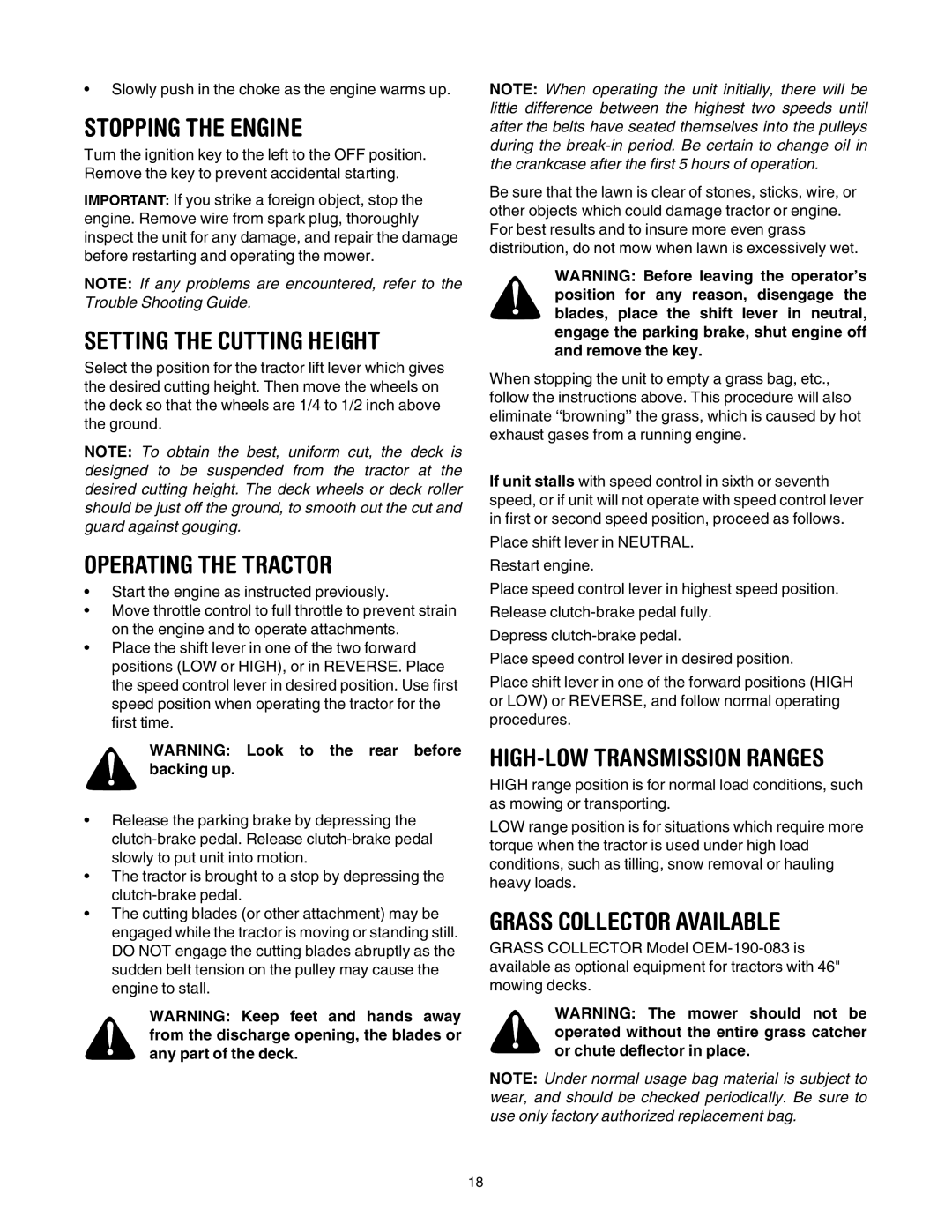 Yard Machines 840 Thru 849, 820 Thru 829 manual Stopping the Engine, Setting the Cutting Height, Operating the Tractor 