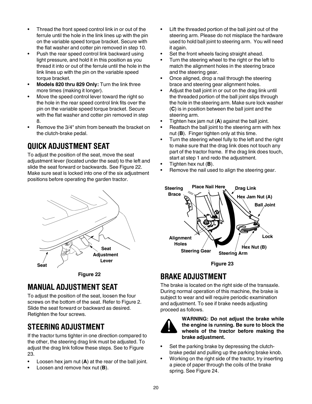 Yard Machines 840 Thru 849, 820 Thru 829 manual Steering Adjustment, Brake Adjustment 