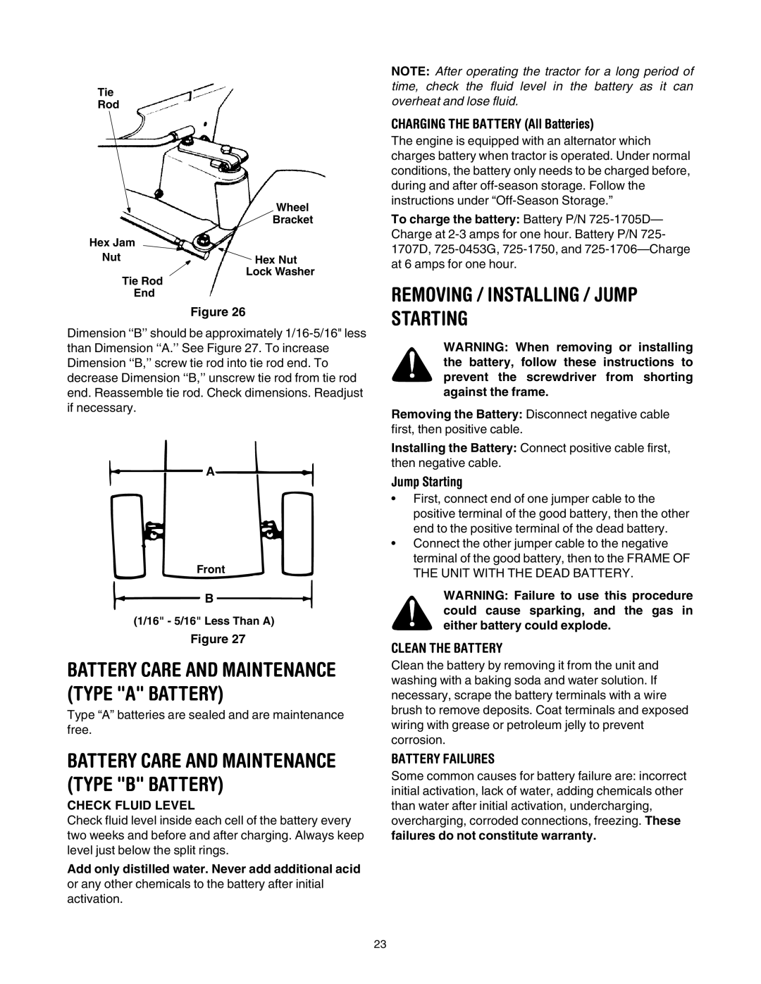 Yard Machines 820 Thru 829 manual Removing / Installing / Jump Starting, Battery Care and Maintenance Type B Battery 