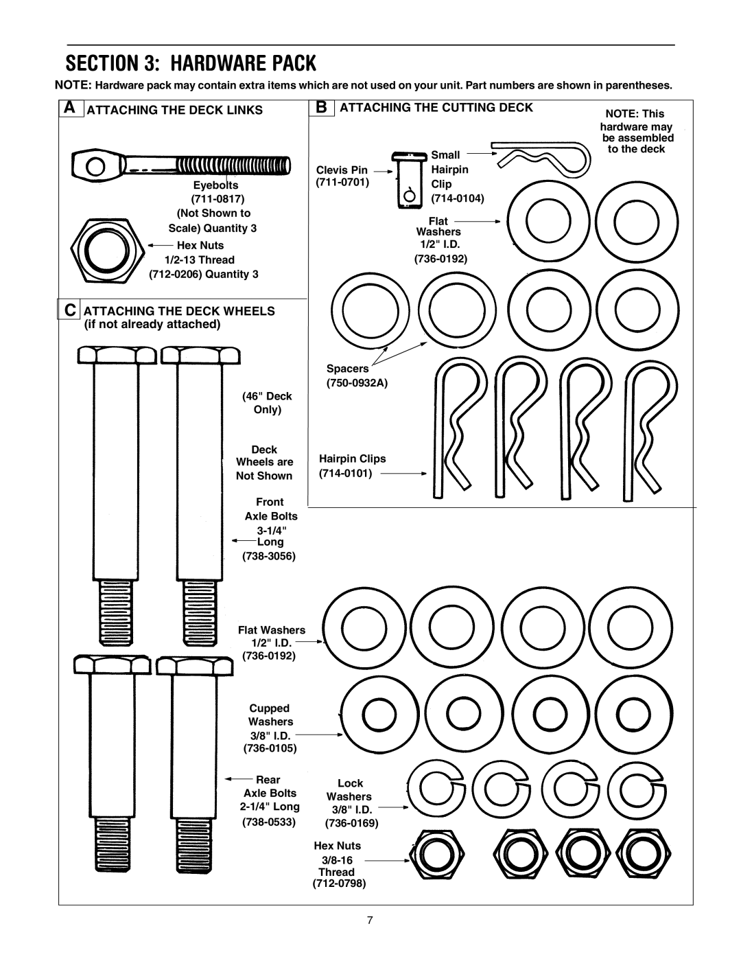 Yard Machines 820 Thru 829, 840 Thru 849 manual Hardware Pack, If not already attached 