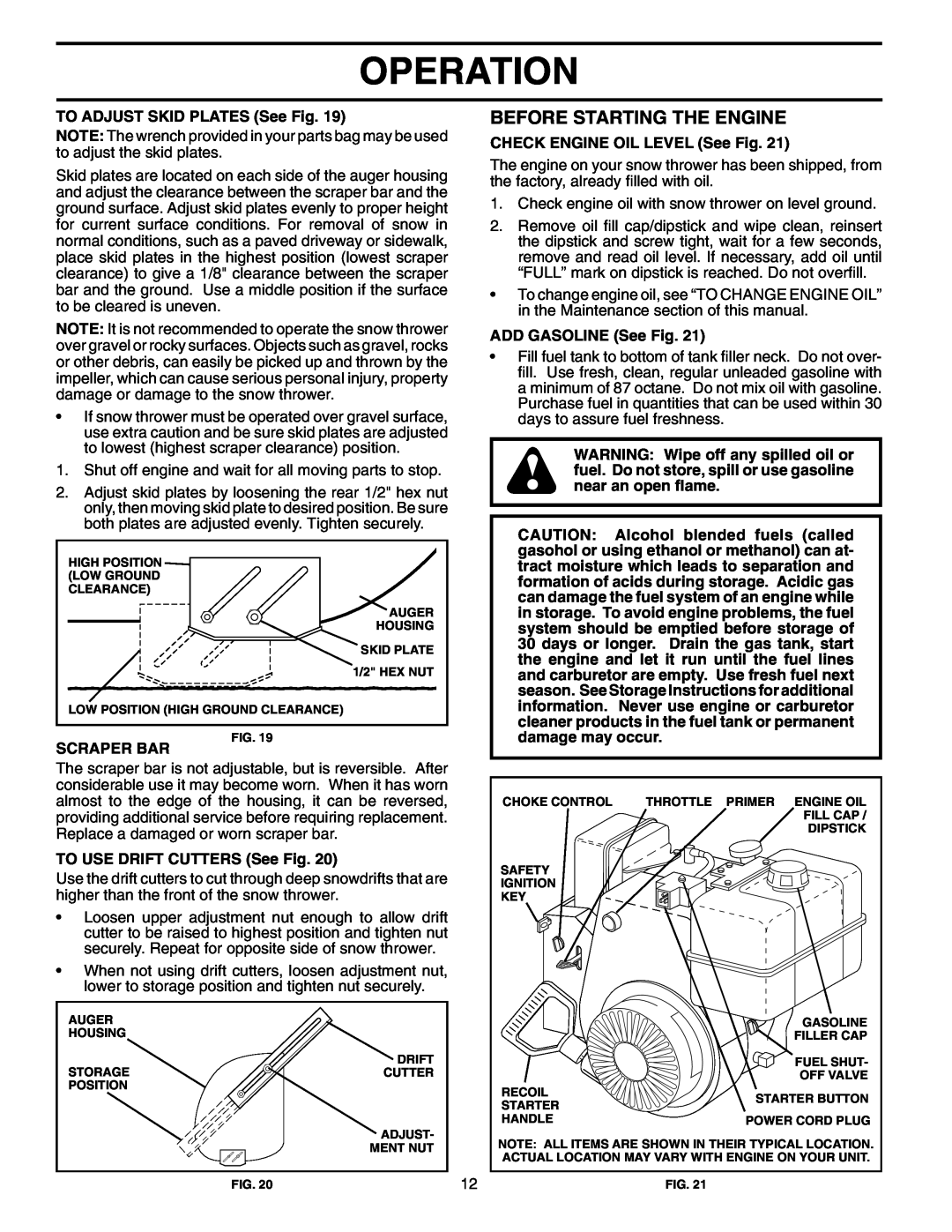 Yard Machines 961940001 owner manual Before Starting The Engine, Operation, TO ADJUST SKID PLATES See Fig, Scraper Bar 