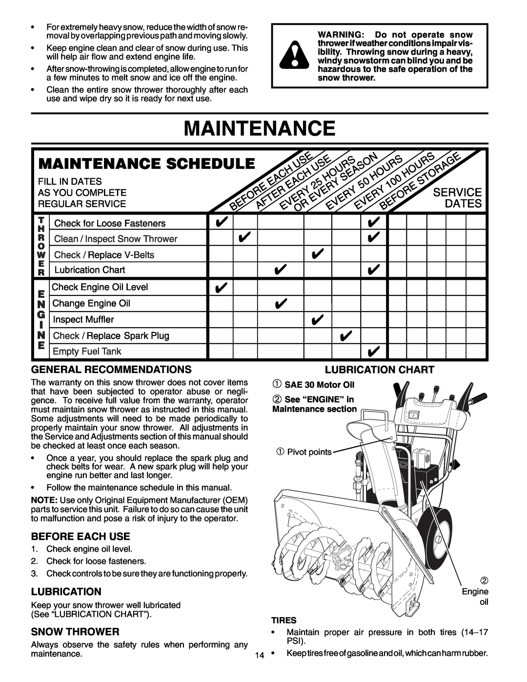 Yard Machines 961940001 Maintenance, General Recommendations, Before Each Use, Lubrication Chart, Snow Thrower, Tires 