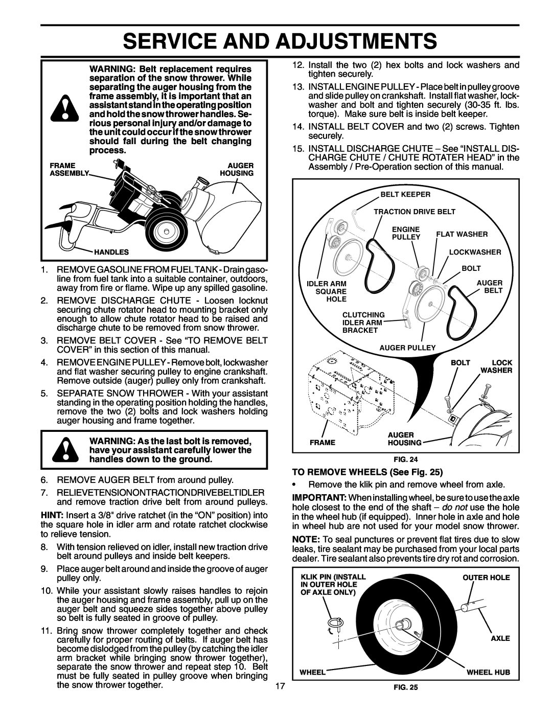 Yard Machines 961940001 owner manual Service And Adjustments, TO REMOVE WHEELS See Fig 