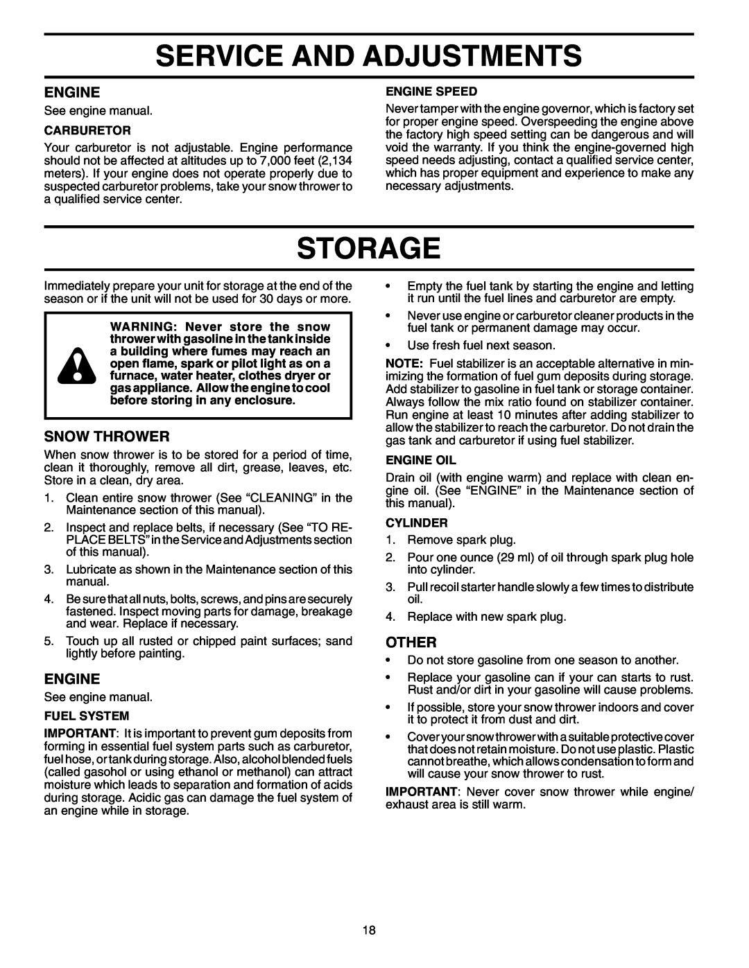 Yard Machines 961940001 Storage, Other, Service And Adjustments, Snow Thrower, Carburetor, Engine Speed, Fuel System 