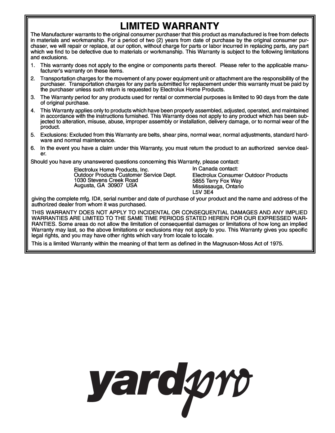 Yard Machines 961940001 owner manual Limited Warranty 