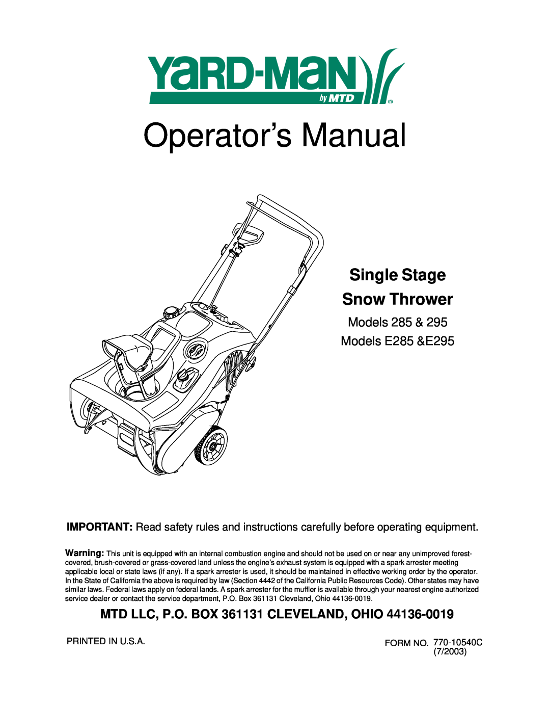 Yard Machines manual Single Stage Snow Thrower, Operator’s Manual, Models 285 & Models E285 &E295 