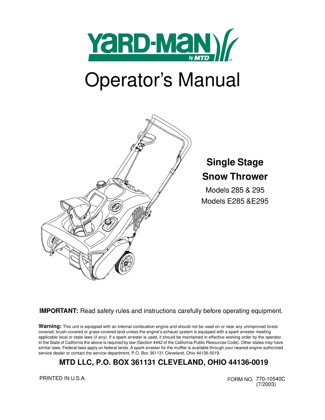 Yard Machines E295, E285 manual Operator’s Manual 