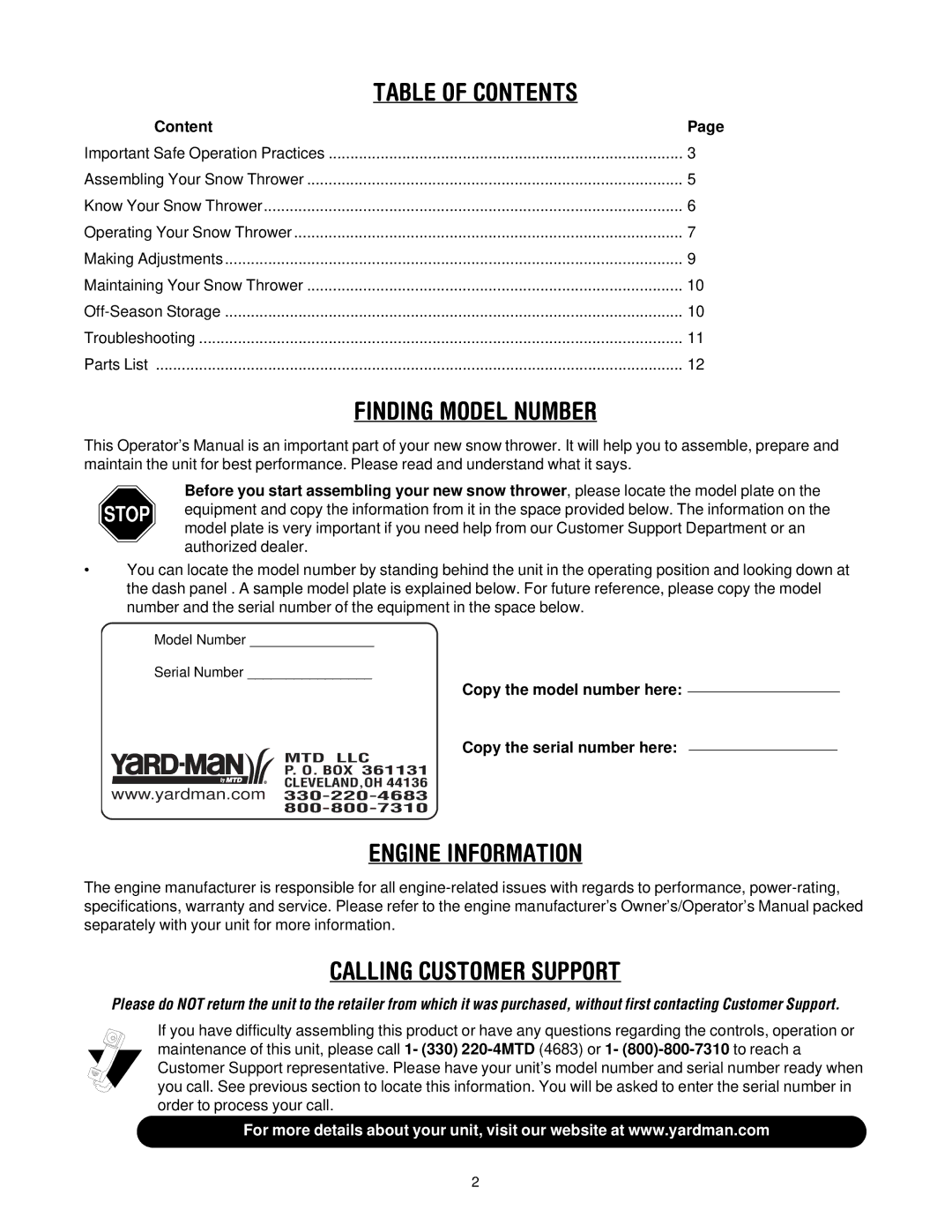 Yard Machines E285, E295 manual Table of Contents 