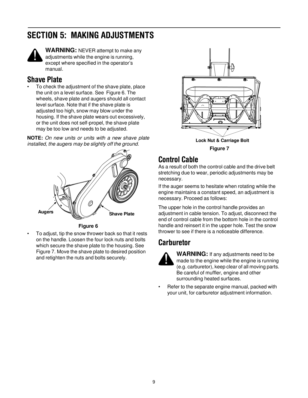 Yard Machines E295, E285 manual Making Adjustments, Shave Plate, Control Cable, Carburetor 