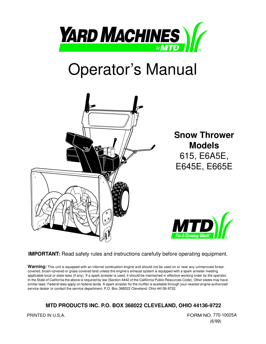 Yard Machines E645E, E665E, 615, E6A5E manual Operator’s Manual 