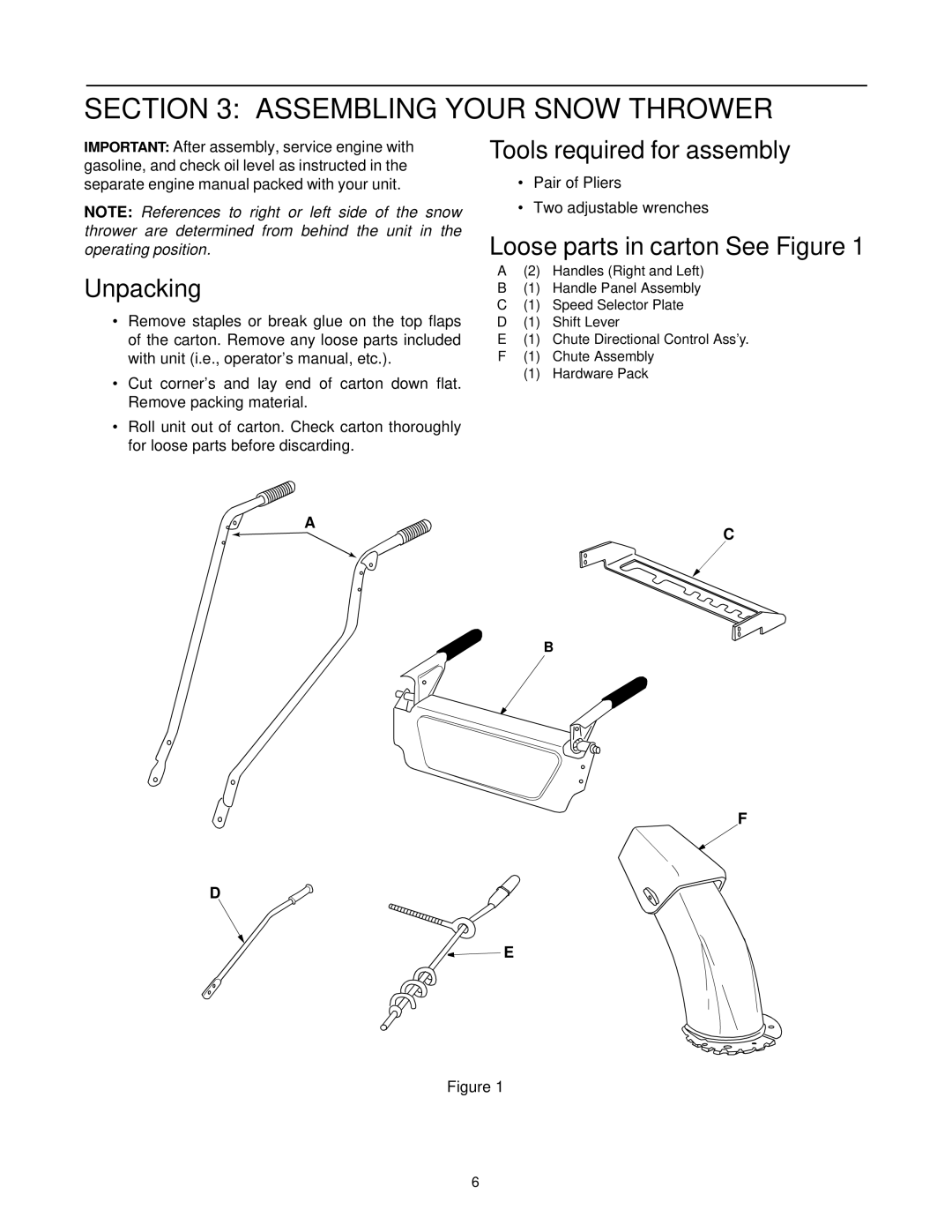 Yard Machines 615 Assembling Your Snow Thrower, Unpacking, Tools required for assembly, Loose parts in carton See Figure 