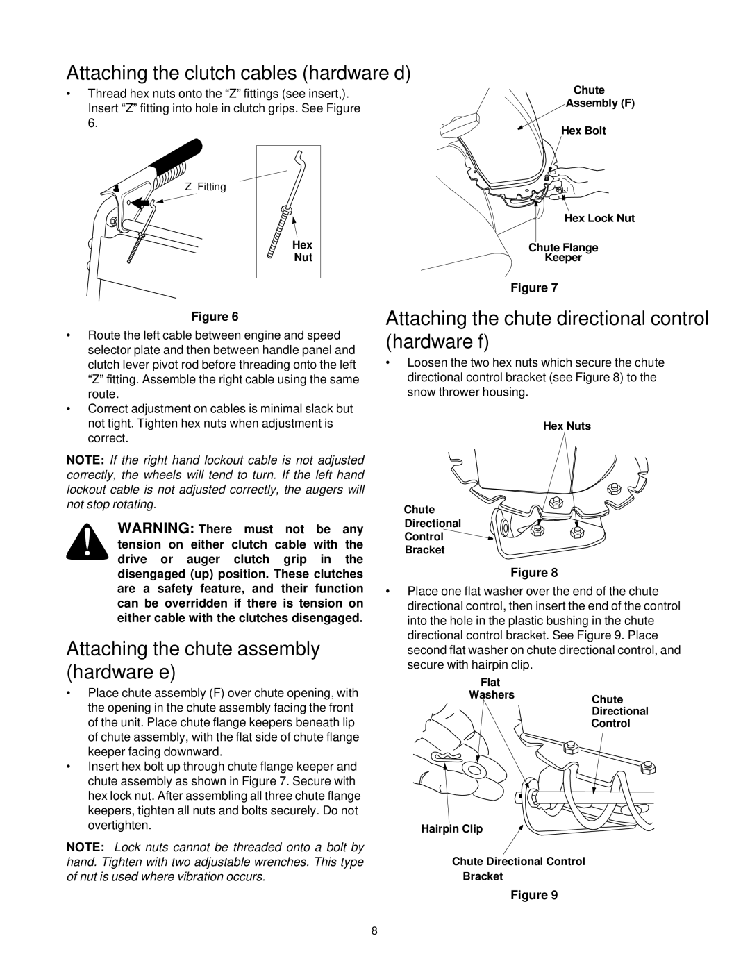 Yard Machines E665E, E645E, 615, E6A5E manual Attaching the chute assembly hardware e, Attaching the clutch cables hardware d 