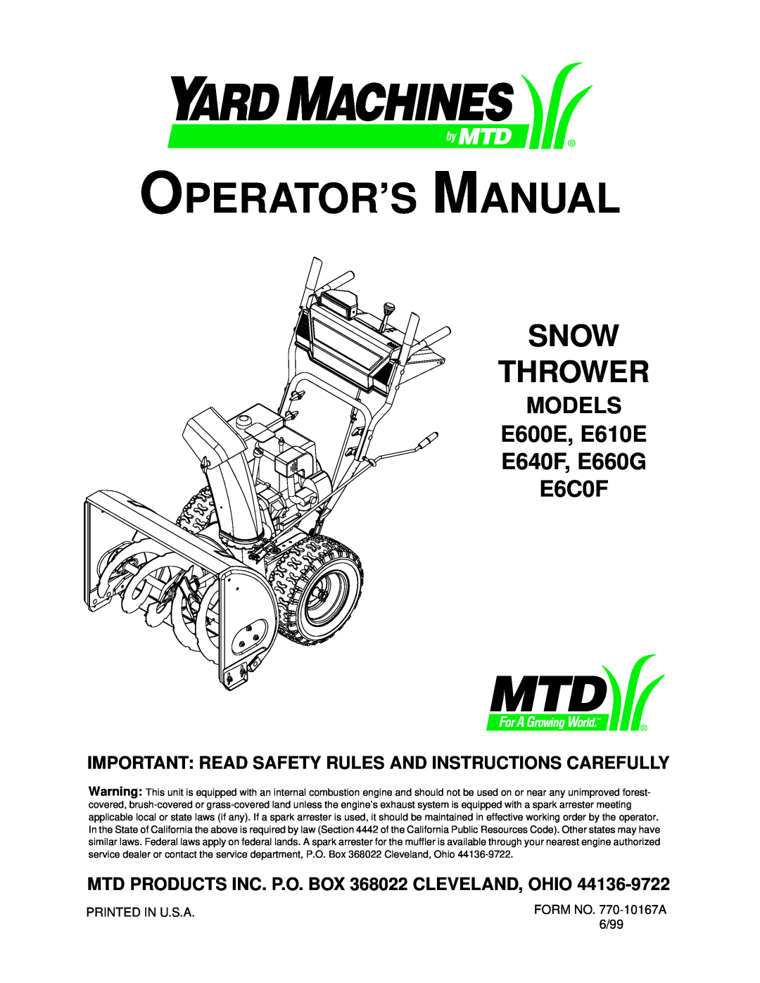 Yard Machines E610E, E6C0F manual Snow Thrower, Important Read Safety Rules And Instructions Carefully, Operator’S Manual 