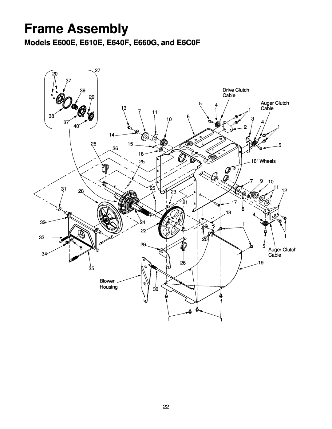 Yard Machines manual Frame Assembly, Models E600E, E610E, E640F, E660G, and E6C0F, Auger Clutch Cable 