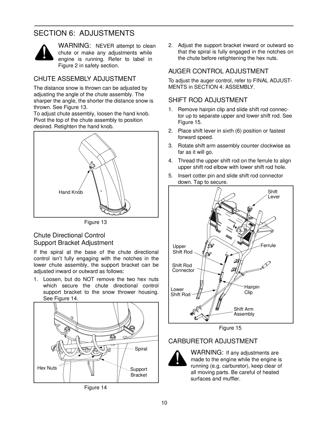 Yard Machines E6C0F, E610E, E660G Adjustments, Chute Assembly Adjustment, Auger Control Adjustment, Shift ROD Adjustment 