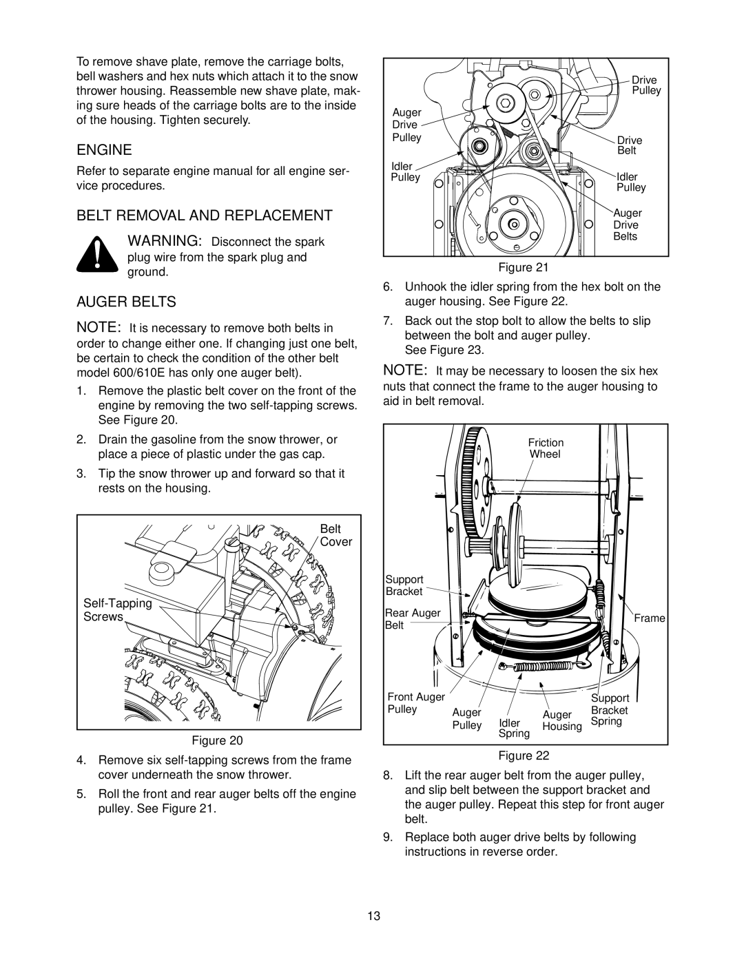 Yard Machines E640F, E6C0F, E610E, E660G, E600E manual Belt Removal and Replacement Auger Belts, Screws 