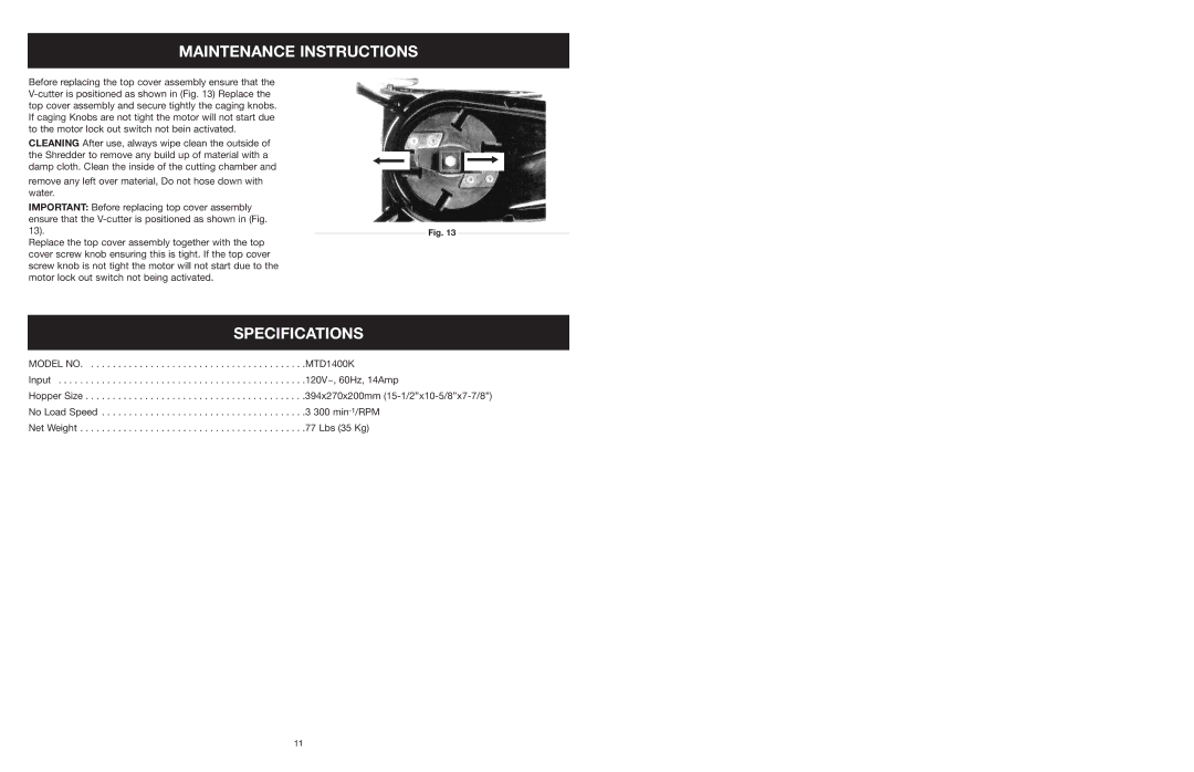 Yard Machines MTD1400K manual Specifications 