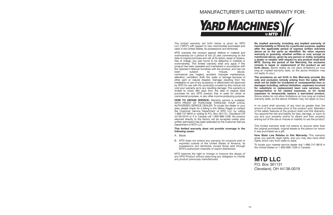 Yard Machines MTD1400K manual Mtd Llc 