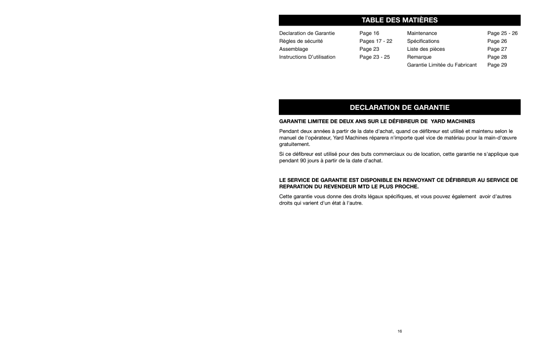 Yard Machines MTD1400K manual Table DES Matières, Declaration DE Garantie 