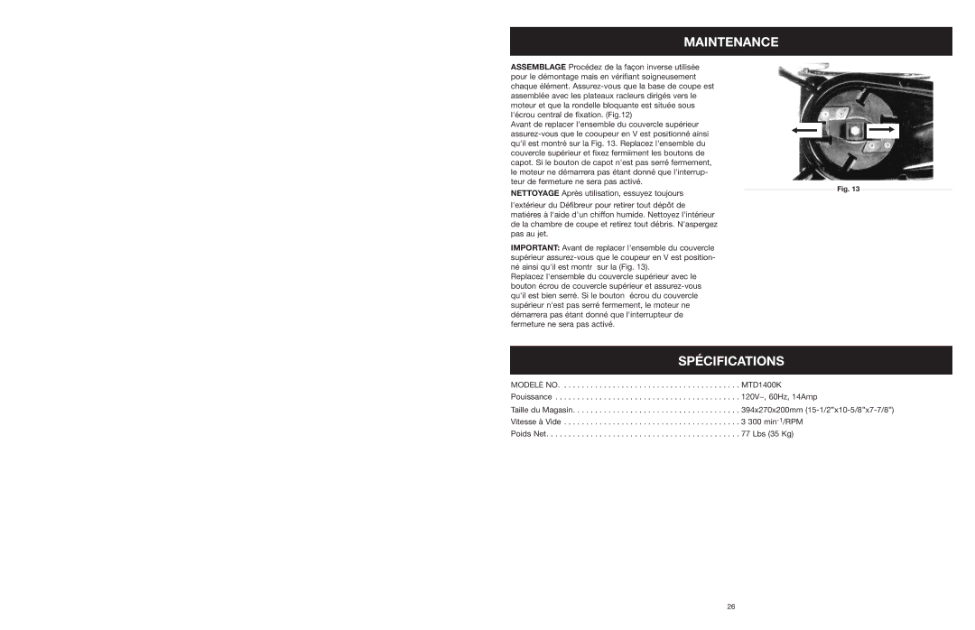 Yard Machines MTD1400K manual Spécifications 