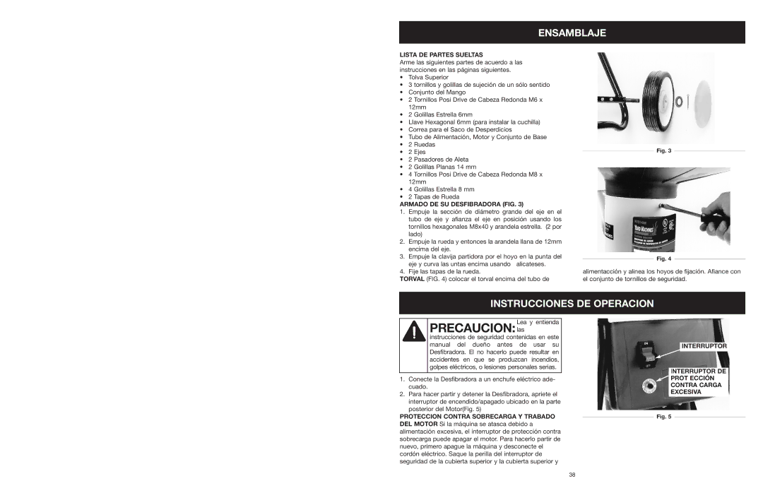 Yard Machines MTD1400K Ensamblaje, Instrucciones DE Operacion, Lista DE Partes Sueltas, Armado DE SU Desfibradora FIG 