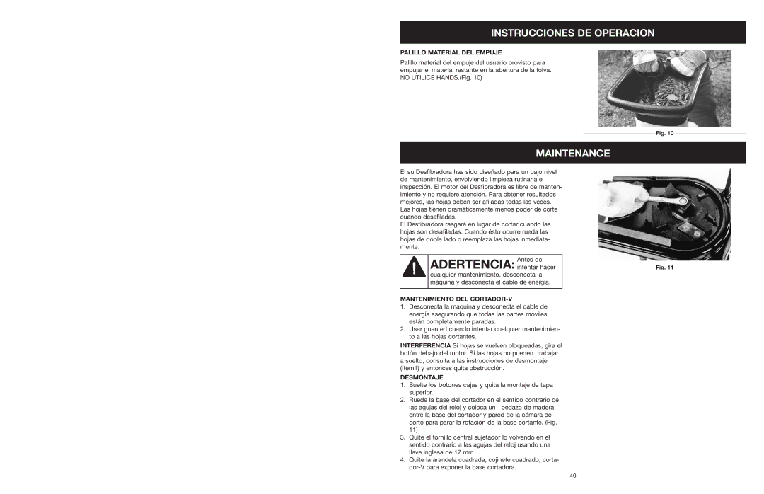 Yard Machines MTD1400K manual Palillo Material DEL Empuje, Mantenimiento DEL CORTADOR-V, Desmontaje 