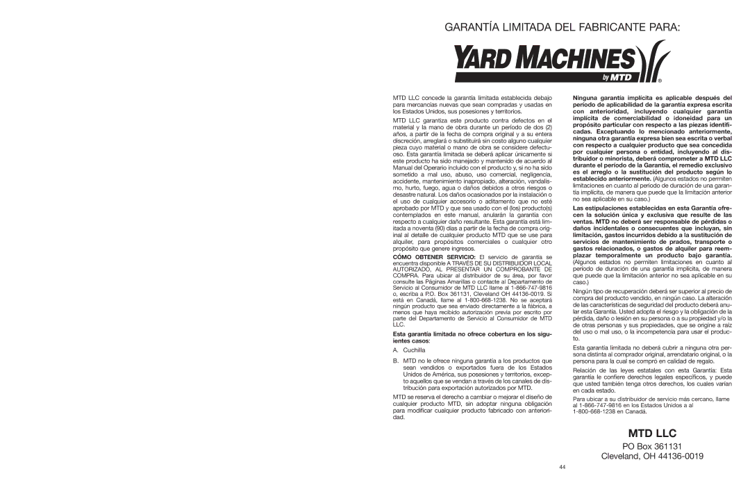 Yard Machines MTD1400K manual Mtd Llc 