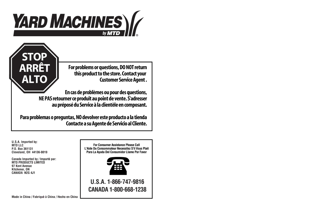 Yard Machines MTD1400K manual Stop 