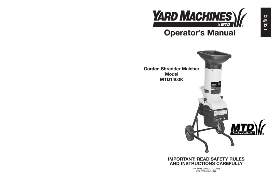 Yard Machines manual Operator’s Manual, English, Garden Shredder Mulcher Model MTD1400K 