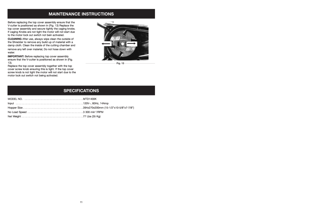 Yard Machines MTD1400K manual Specifications, Maintenance Instructions 
