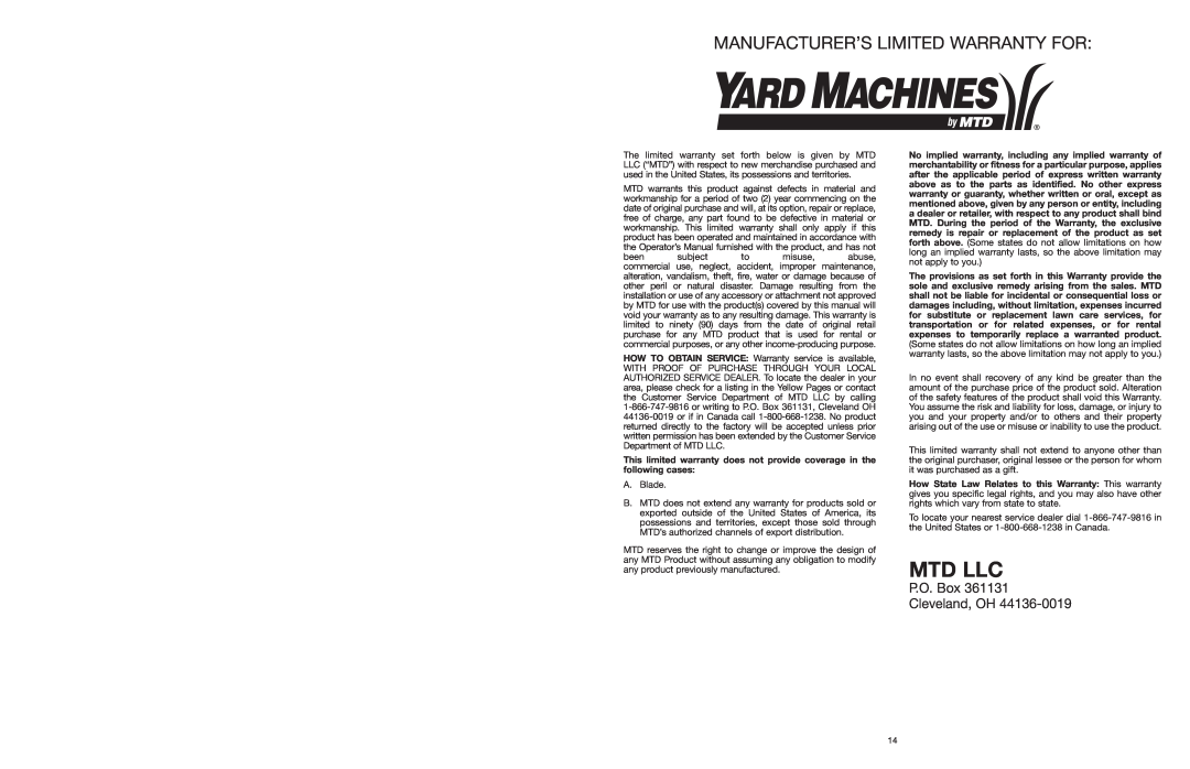 Yard Machines MTD1400K manual Mtd Llc, Manufacturer’S Limited Warranty For, P.O. Box Cleveland, OH 