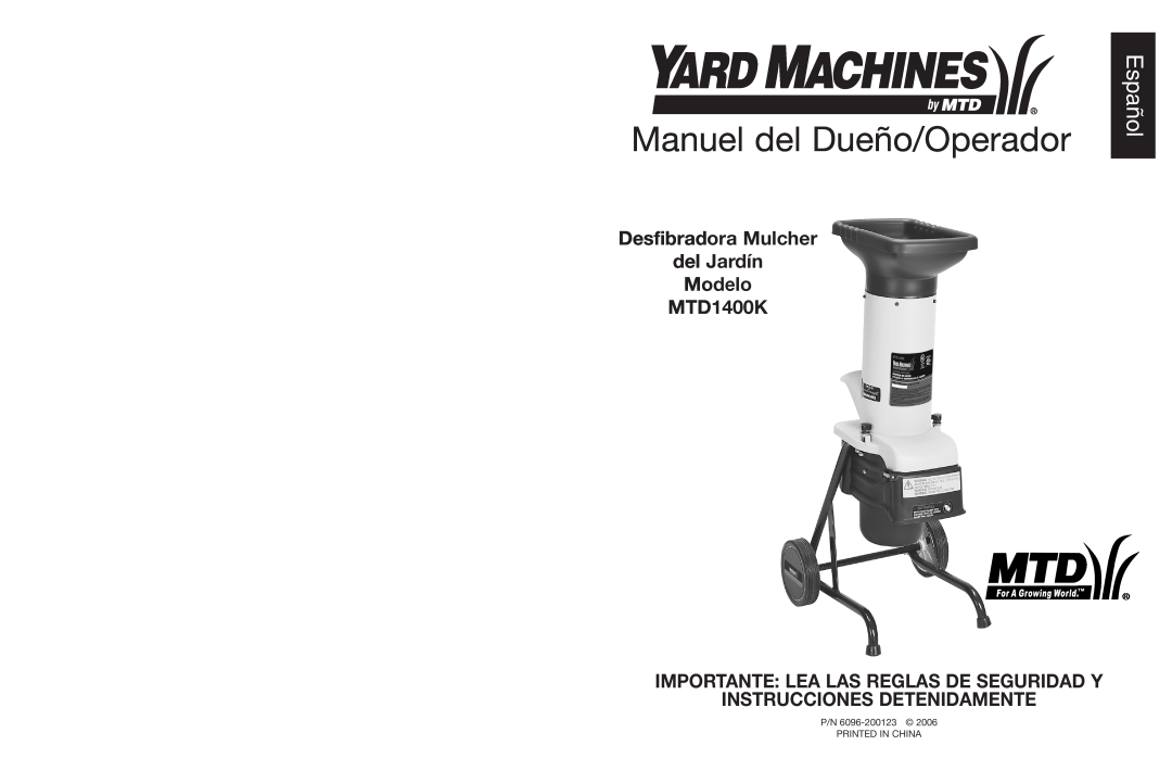 Yard Machines manual Español, Desfibradora Mulcher del Jardín Modelo MTD1400K, Importante: Lea Las Reglas De Seguridad Y 