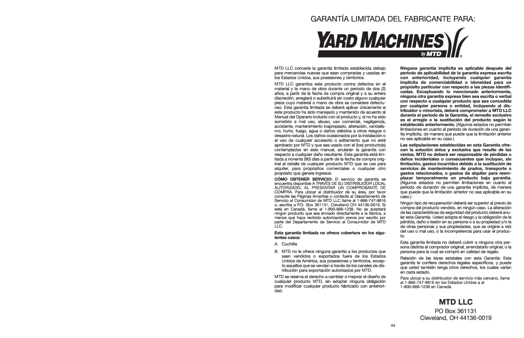 Yard Machines MTD1400K manual Garantía Limitada Del Fabricante Para, Mtd Llc, PO Box Cleveland, OH 