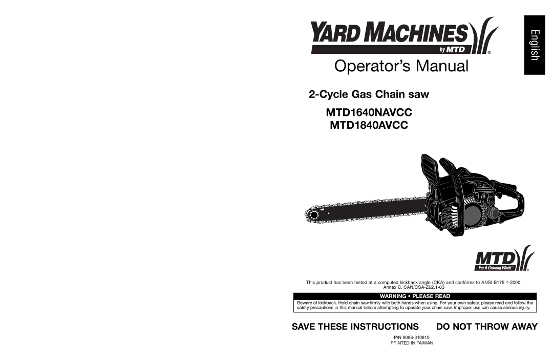 Yard Machines MTD1640NAVCC, MTD1840AVCC manual Operator’s Manual 