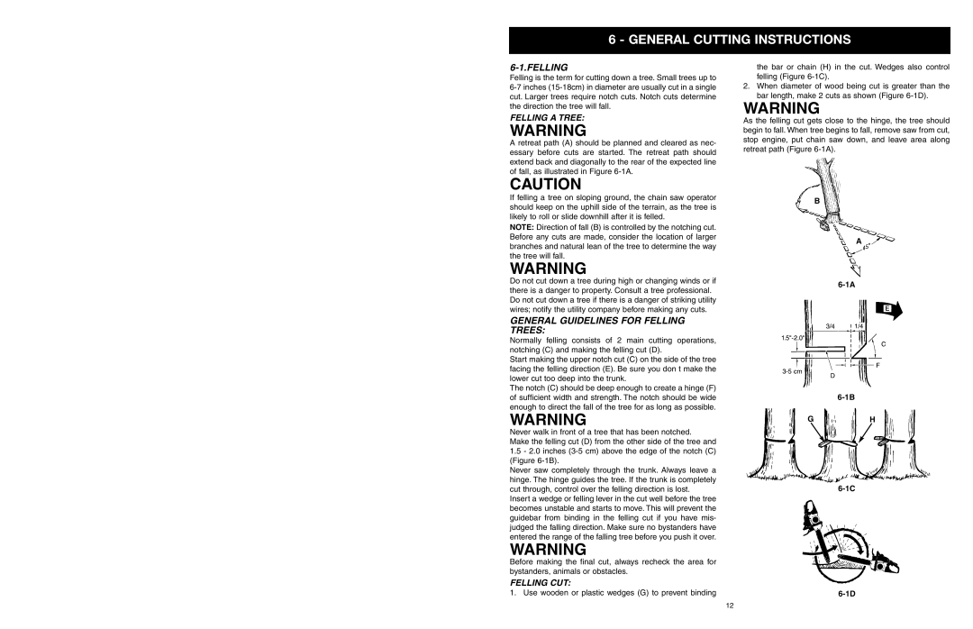 Yard Machines MTD1640NAVCC manual General Cutting Instructions, General Guidelines for Felling Trees, Felling a Tree 